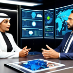 **Prompt 1: The Modern Arab Lawyer Embracing Digital Transformation.**
    A confident and dynamic Arab lawyer (male or female) in a sleek, futuristic law office. They are interacting seamlessly with glowing holographic displays and advanced AI interfaces, showcasing complex legal data, digital documents, and virtual courtrooms. The scene emphasizes the fusion of traditional legal wisdom with cutting-edge technology, symbolizing efficiency, innovation, and turning challenges of digital change into opportunities. The atmosphere is professional, enlightened, and forward-thinking, with a focus on precision and digital empowerment.