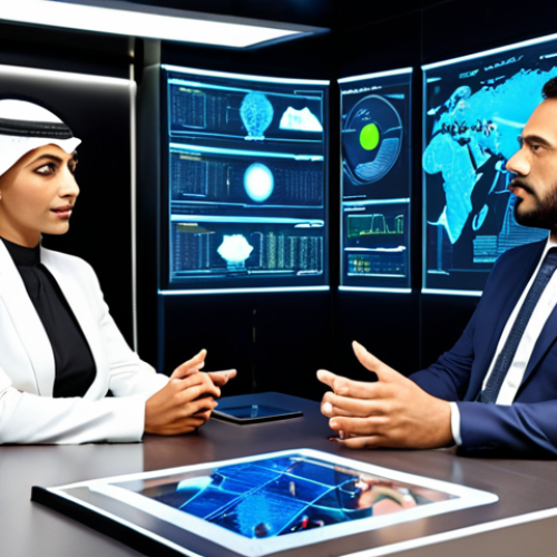 Home 24 **Prompt 1: The Modern Arab Lawyer Embracing Digital Transformation.**
A confident and dynamic Arab lawyer (male or female) in a sleek, futuristic law office. They are interacting seamlessly with glowing holographic displays and advanced AI interfaces, showcasing complex legal data, digital documents, and virtual courtrooms. The scene emphasizes the fusion of traditional legal wisdom with cutting-edge technology, symbolizing efficiency, innovation, and turning challenges of digital change into opportunities. The atmosphere is professional, enlightened, and forward-thinking, with a focus on precision and digital empowerment.