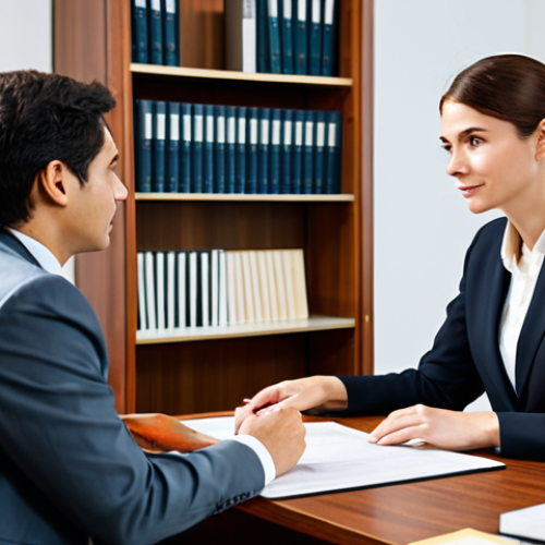 Home 23 A professional female lawyer, fully clothed in a modest business suit, gently explaining legal options to a male client in a modern, well-lit office. The client is listening attentively, showing a sense of relief and understanding. The scene emphasizes trust and clear communication. The setting includes a polished wooden desk and a subtle bookshelf in the background. Appropriate attire, safe for work, perfect anatomy, correct proportions, natural pose, well-formed hands, proper finger count, natural body proportions, professional photography, high quality.