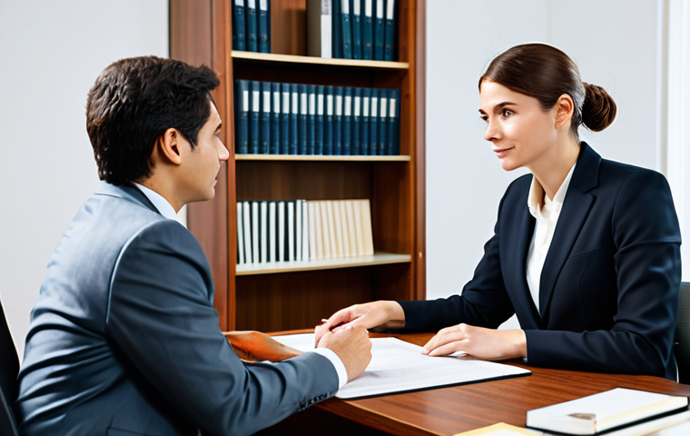 A professional female lawyer, fully clothed in a modest business suit, gently explaining legal options to a male client in a modern, well-lit office. The client is listening attentively, showing a sense of relief and understanding. The scene emphasizes trust and clear communication. The setting includes a polished wooden desk and a subtle bookshelf in the background. Appropriate attire, safe for work, perfect anatomy, correct proportions, natural pose, well-formed hands, proper finger count, natural body proportions, professional photography, high quality.
