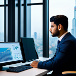A young professional Arab lawyer, male, in a modest business suit, sitting contemplatively at a modern, sleek desk in a futuristic law office. He is looking at a holographic display showcasing abstract legal tech concepts like data privacy frameworks and cybersecurity graphs. The office has large windows with a city view at dusk. The overall atmosphere is innovative and forward-thinking. **safe for work, appropriate content, fully clothed, professional dress, perfect anatomy, correct proportions, natural body proportions, well-formed hands, proper finger count, high-quality, professional photography.**