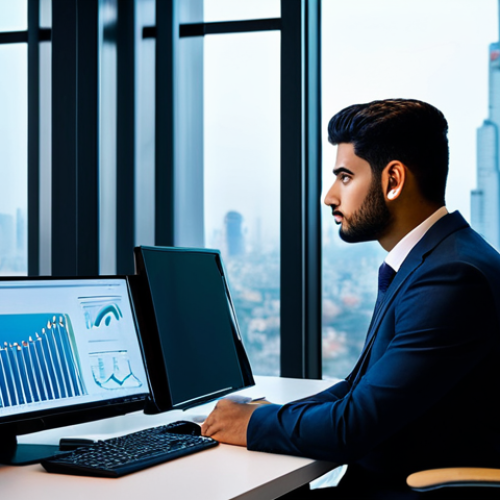 Home 22 A young professional Arab lawyer, male, in a modest business suit, sitting contemplatively at a modern, sleek desk in a futuristic law office. He is looking at a holographic display showcasing abstract legal tech concepts like data privacy frameworks and cybersecurity graphs. The office has large windows with a city view at dusk. The overall atmosphere is innovative and forward-thinking. **safe for work, appropriate content, fully clothed, professional dress, perfect anatomy, correct proportions, natural body proportions, well-formed hands, proper finger count, high-quality, professional photography.**