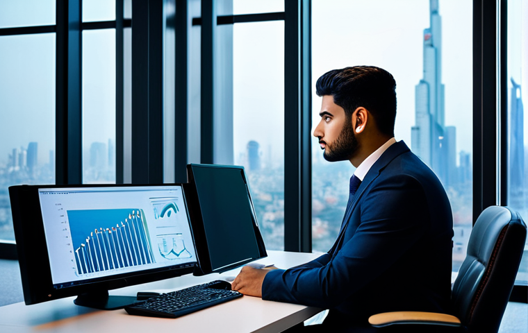 A young professional Arab lawyer, male, in a modest business suit, sitting contemplatively at a modern, sleek desk in a futuristic law office. He is looking at a holographic display showcasing abstract legal tech concepts like data privacy frameworks and cybersecurity graphs. The office has large windows with a city view at dusk. The overall atmosphere is innovative and forward-thinking. **safe for work, appropriate content, fully clothed, professional dress, perfect anatomy, correct proportions, natural body proportions, well-formed hands, proper finger count, high-quality, professional photography.**
