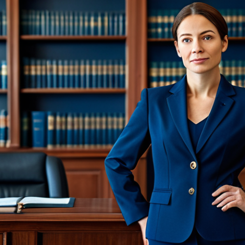 Home 9 **
"A professional female lawyer in a modest, dark blue business suit, standing confidently in a modern law office. Behind her is a blurred background of legal books and awards. Fully clothed, appropriate attire, safe for work, perfect anatomy, natural proportions, professional."
**