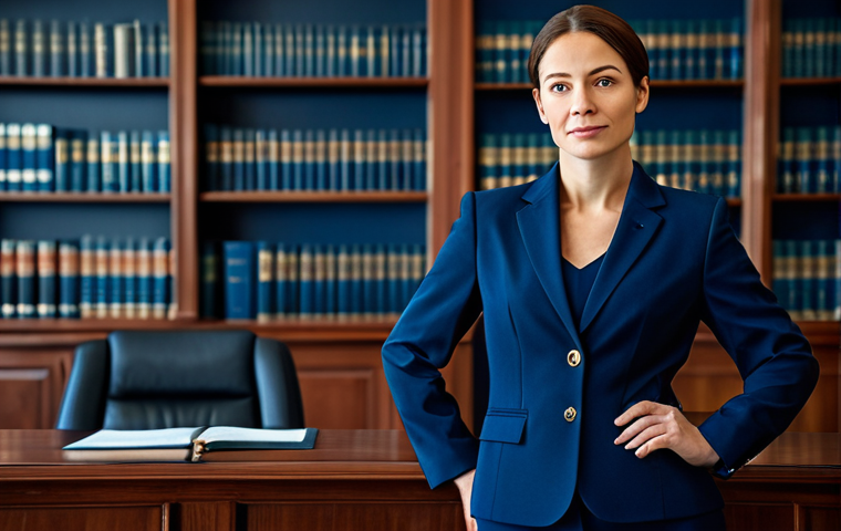 **

"A professional female lawyer in a modest, dark blue business suit, standing confidently in a modern law office.  Behind her is a blurred background of legal books and awards. Fully clothed, appropriate attire, safe for work, perfect anatomy, natural proportions, professional."

**