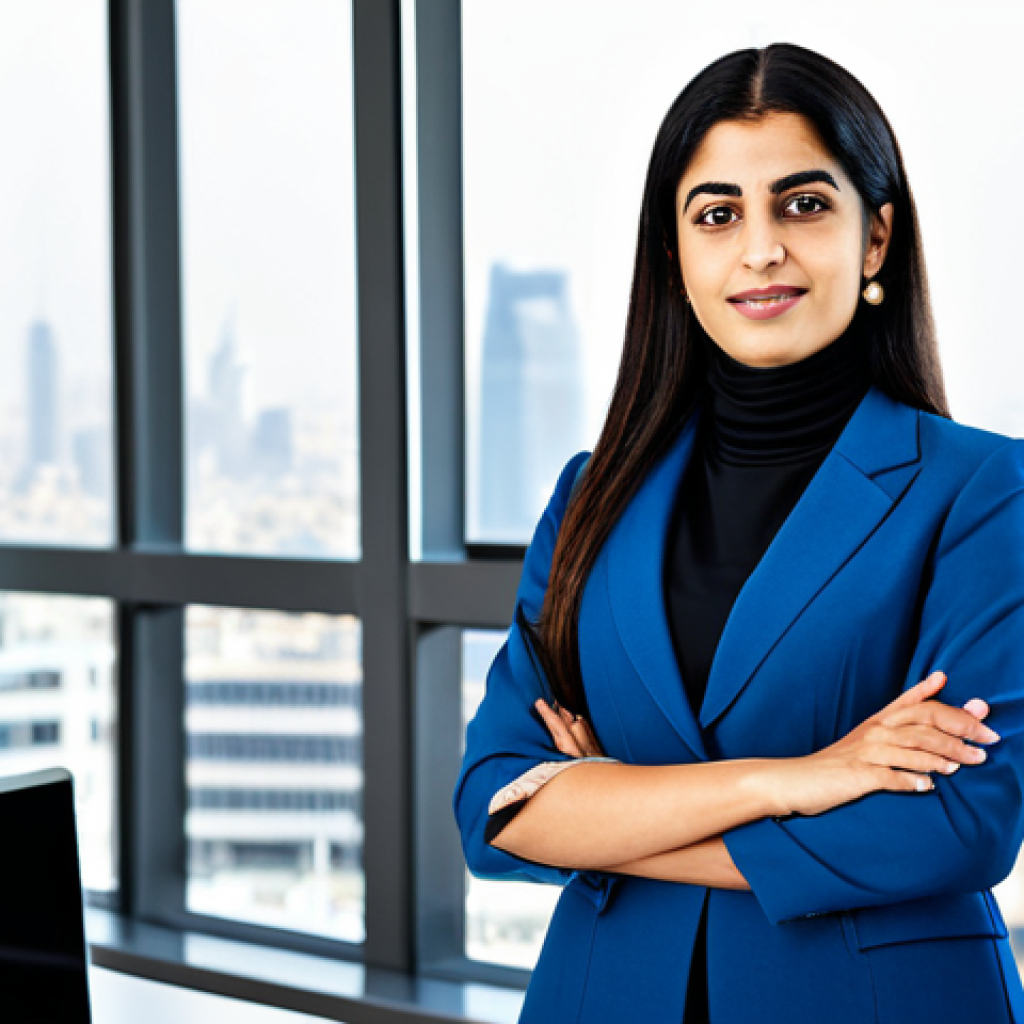 법률 변호사로 일하며 배운 교훈 - **Subject:** A professional Arab businesswoman in a modern office setting.
    *   **Details:** She ...