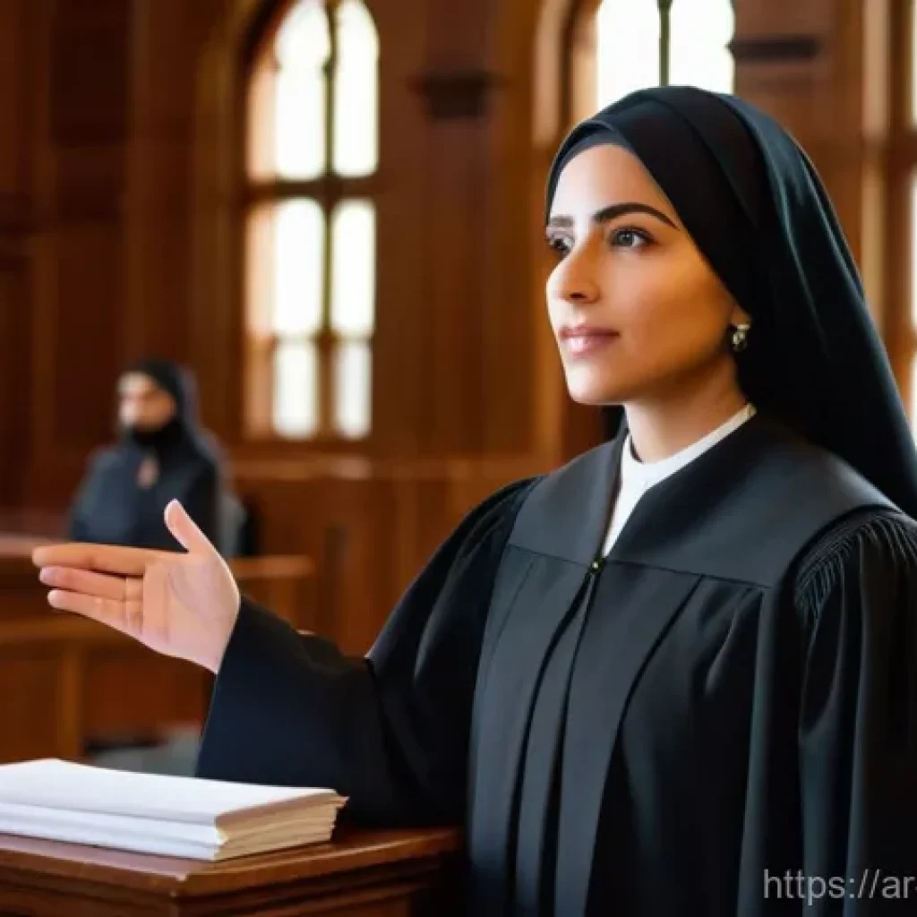 변호사 시험에서의 실기 비중 - **Prompt:** A confident, articulate female lawyer, of Middle Eastern descent, stands professionally ...