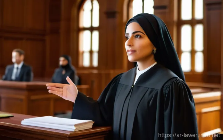 변호사 시험에서의 실기 비중 - **Prompt:** A confident, articulate female lawyer, of Middle Eastern descent, stands professionally ...