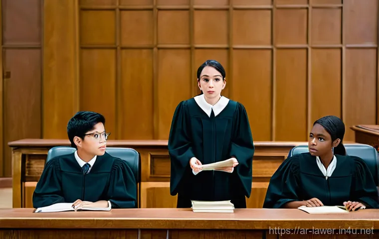 변호사 시험을 대비한 모의 법정 체험 - **Prompt:** A realistic wide shot of a diverse group of university law students engaged in a moot co...