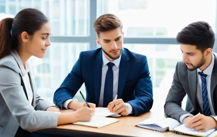 변호사 시험을 대비한 모의 법정 체험 - **Prompt:** A vibrant and realistic image depicting a diverse group of law students intensely collab...