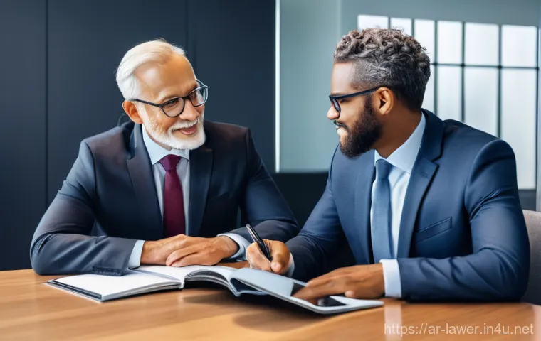 변호사 업무의 미래 전망 - **Prompt:** "A professional, close-up shot focusing on a lawyer's hands interacting with a cutting-e...