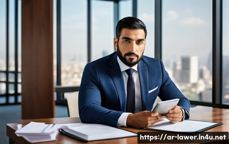 변호사 실무에서 시간 관리 방법 - A highly focused and composed Arab male lawyer, in his late 30s, elegantly dressed in a tailored mod...