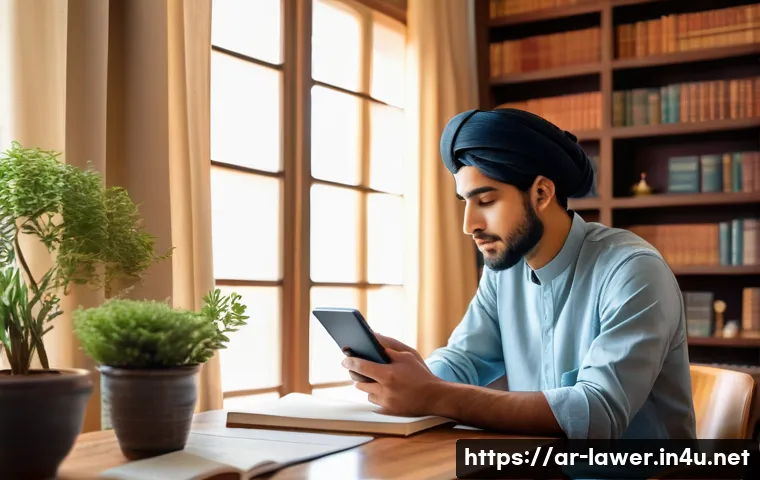 변호사 시험 준비에서의 집중력 향상법 - A serene, quiet study corner in a modern Middle Eastern home, featuring a young adult male studying ...