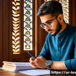 변호사 시험에서 범하는 흔한 실수 - A focused Middle Eastern student sitting at a traditional wooden desk in a warmly lit room decorated...