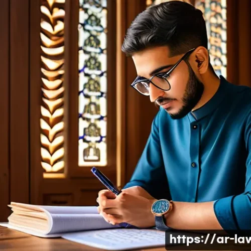 변호사 시험에서 범하는 흔한 실수 - A focused Middle Eastern student sitting at a traditional wooden desk in a warmly lit room decorated...