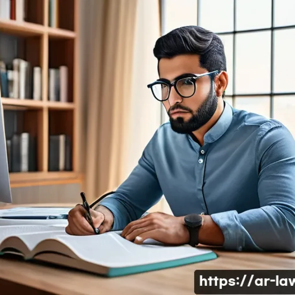 변호사 시험 준비용 추천 온라인 강의 - A professional Middle Eastern man studying diligently at a modern home office desk, surrounded by le...