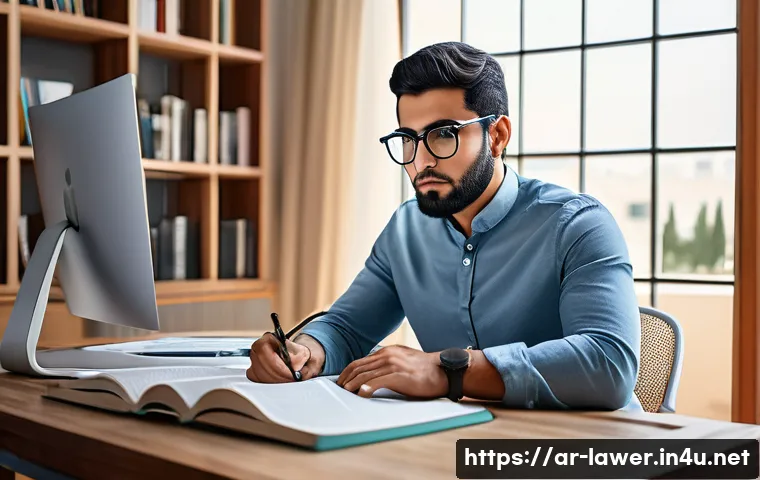 변호사 시험 준비용 추천 온라인 강의 - A professional Middle Eastern man studying diligently at a modern home office desk, surrounded by le...