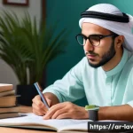 Home 22 변호사 자격 취득 과정에서의 장애물 - A focused young Arab man sitting at a wooden desk in a cozy, sunlit room during early morning hours,...