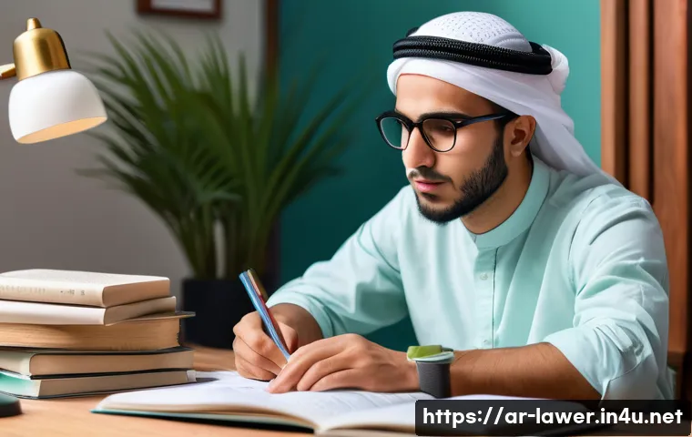 변호사 자격 취득 과정에서의 장애물 - A focused young Arab man sitting at a wooden desk in a cozy, sunlit room during early morning hours,...