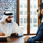 Home 21 변호사로서 이직 후 성공적인 적응 비결 - A modern legal office scene in a Middle Eastern setting with an Arab male lawyer in his early 30s we...