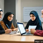 Home 20 변호사 시험을 위한 스터디 그룹 운영 - A diverse group of young Arab students sitting around a table in a modern study room, engaged in a c...
