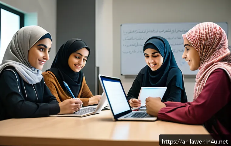 변호사 시험을 위한 스터디 그룹 운영 - A diverse group of young Arab students sitting around a table in a modern study room, engaged in a c...