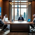Home 18 변호사 실무 트렌드 2025 - A modern Arab law office interior featuring a diverse group of professional lawyers collaborating re...