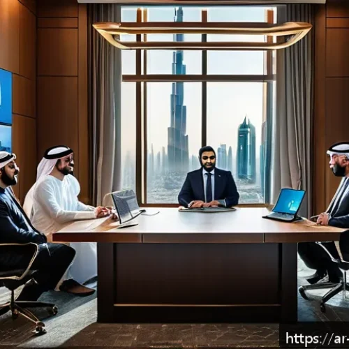 Home 30 변호사 실무 트렌드 2025 - A modern Arab law office interior featuring a diverse group of professional lawyers collaborating re...