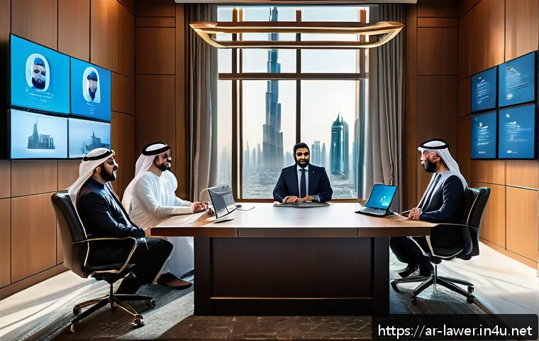 변호사 실무 트렌드 2025 - A modern Arab law office interior featuring a diverse group of professional lawyers collaborating re...