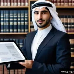 Home 23 법학 이론과 실무의 차이 - A professional Arab lawyer in a modern office setting, wearing a tailored dark suit and traditional ...
