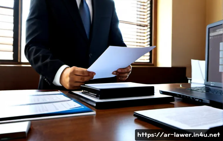 변호사 실무를 위한 필수 스킬 - Photorealistic Arab lawyer in a tailored dark suit reviewing organized case folders and evidence pho...