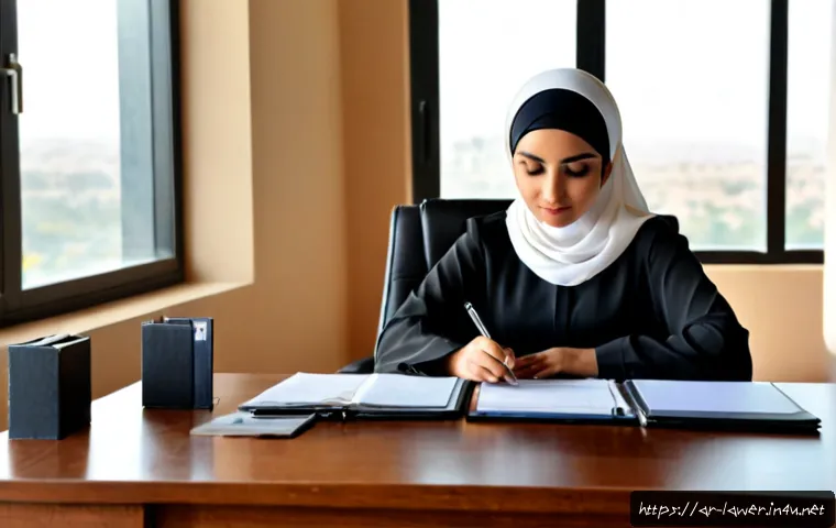 법률사무소 근무 변호사 일상 - Photorealistic Arab female attorney in modest professional attire and a neatly draped hijab, working...