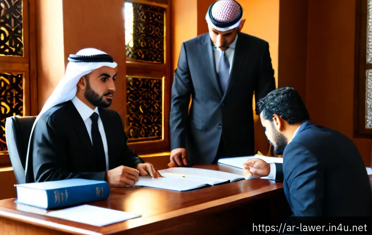 변호사 업무에서 자주 겪는 문제 해결법 - Photorealistic Arab lawyer in a tailored business suit calmly resolving a client dispute across a po...