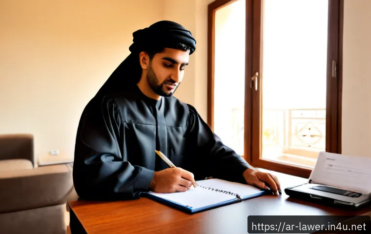 Home 17 변호사 시험 후 최종 준비 과정 - Photorealistic Arab law graduate in modest professional attire organizing a neat final preparation d...