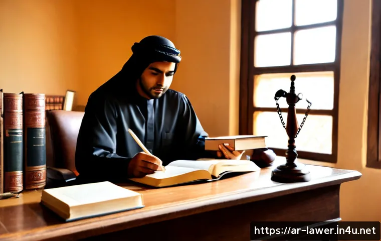 변호사 필수 중점 과목 - Photorealistic Arab law student in modest professional attire studying essential legal subjects at a...